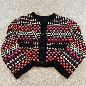 Industry Women Fair Isle Cropped Knit Cardigan Sweater Black Red Multi Size S